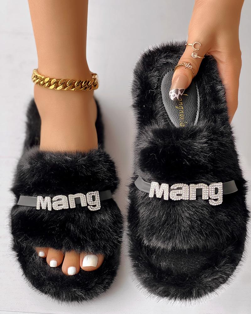 

Rhinestone Letter Decor Fluffy Winter Slippers, Black