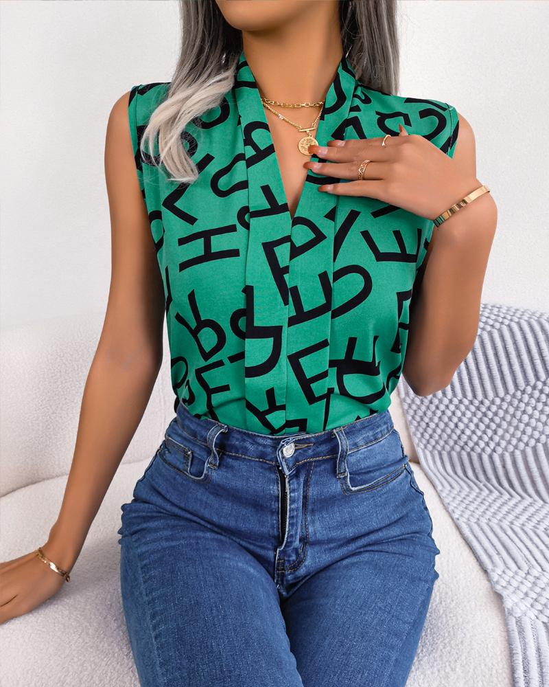 

Letter Print V-Neck Tank Top, Green