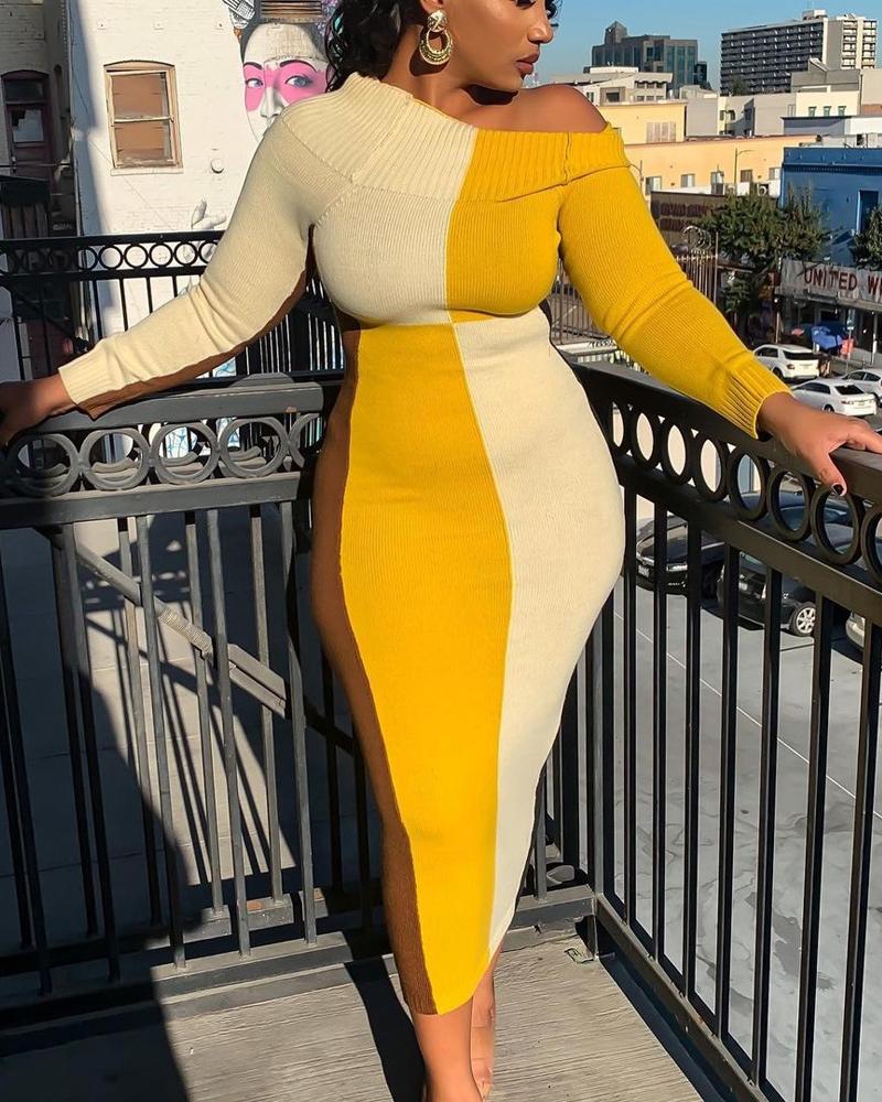 

Color Block Long Sleeve Skinny Dress, Yellow