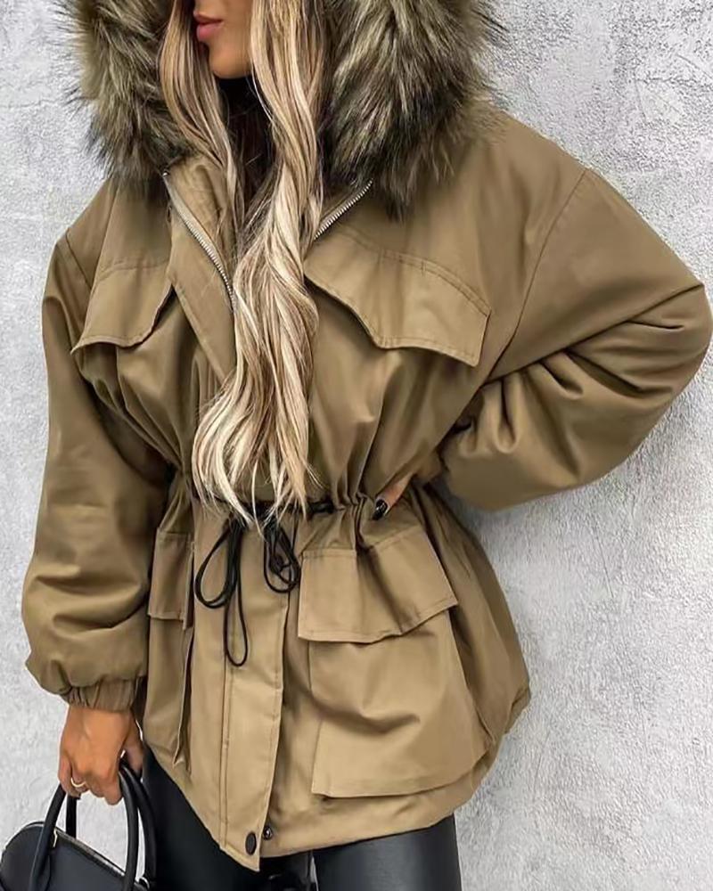 

Lantern Sleeve Faux Fur Patch Drawstring Pocket Design Parker Coat, Khaki