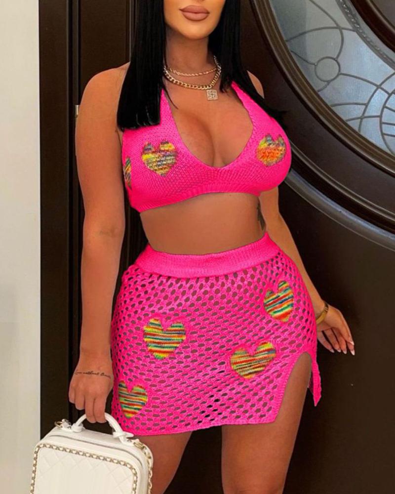 

Hollow Out Heart Pattern Bikini Top & Skirt Set, Hot pink