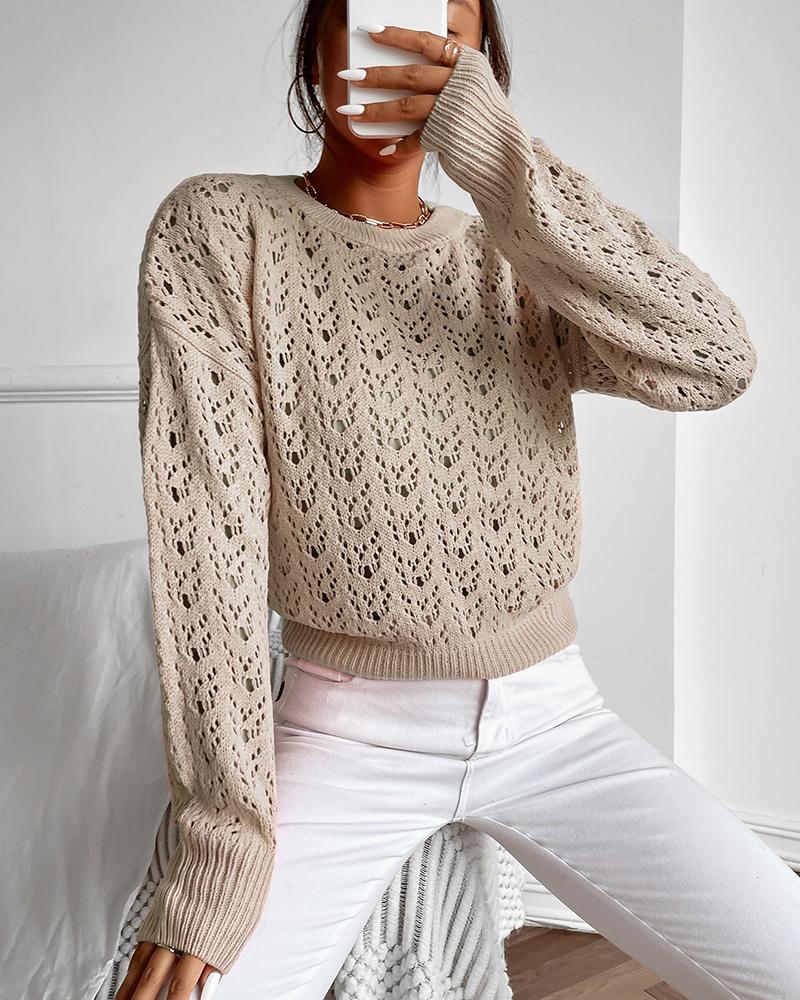 

Knit Hollowout Long Sleeve Sweater, Khaki