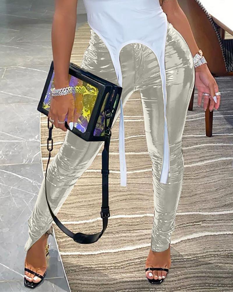 

Slit High Waist PU Leather Pants, Silver