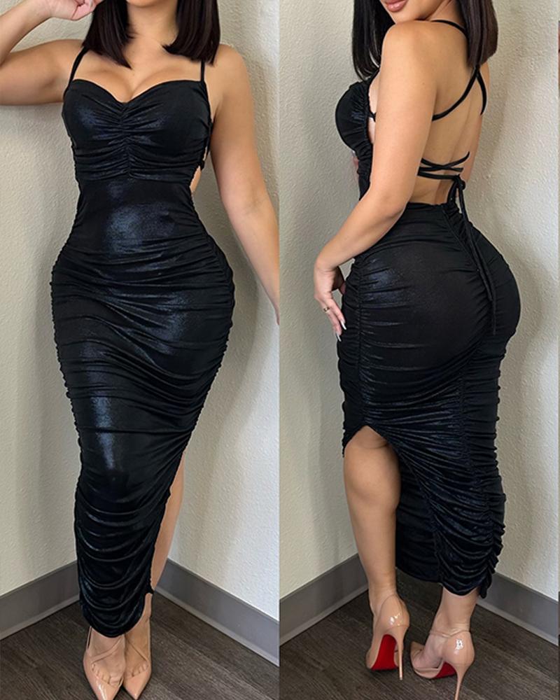 

Ruched PU Lether Slit Backless Party Dress, Black