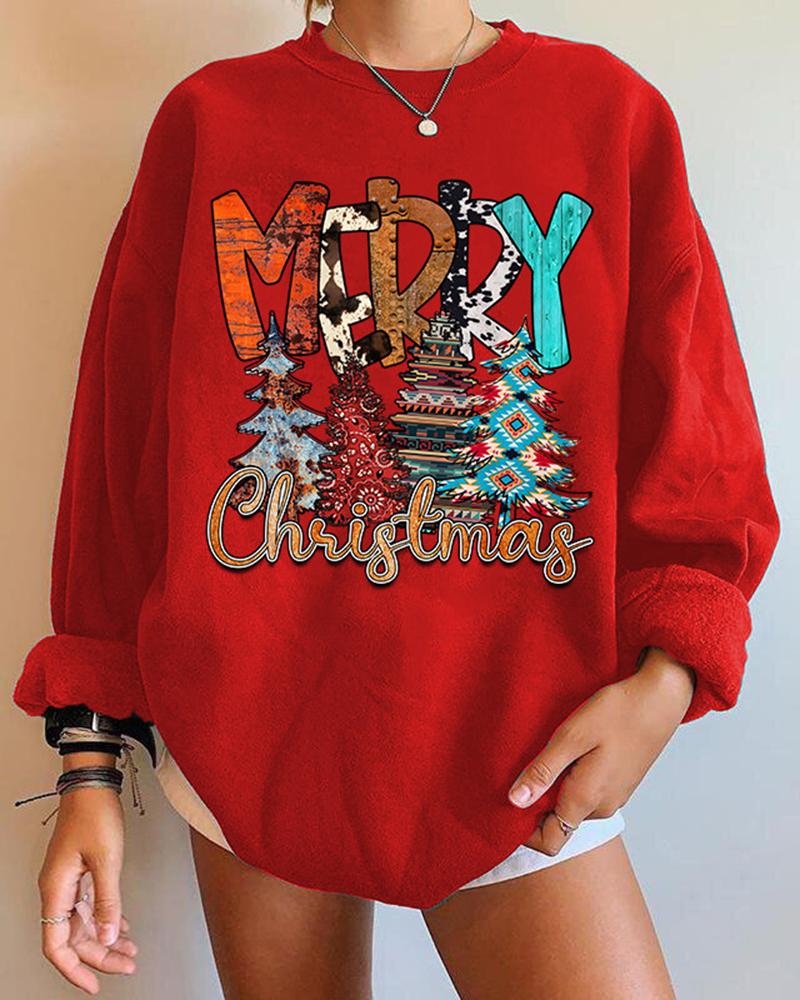 

Christmas Tree Letter Print Long Sleeve Sweatshirt, Red