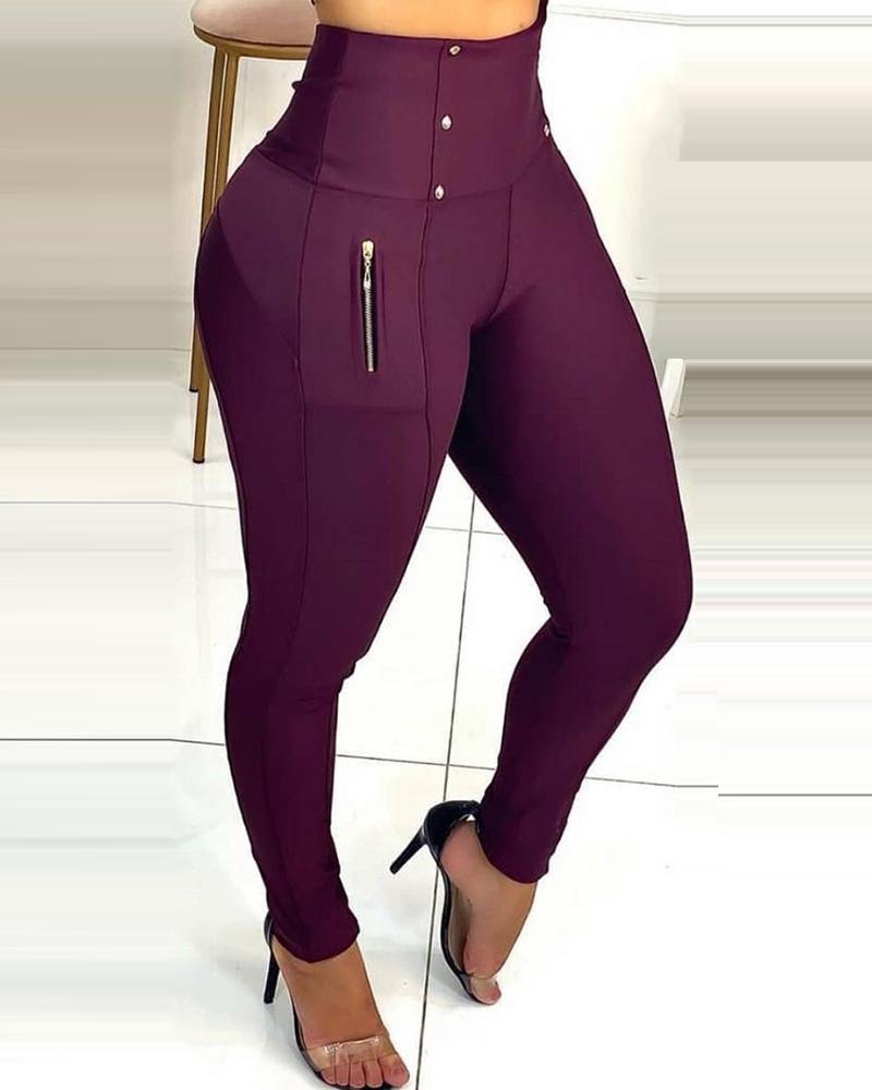 

High Waist Zipper Design Skinny Pants, Wine red
