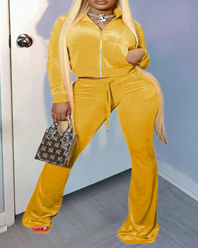 

Plus Size Velvet Zip Up Crop Top & Drawstring Pants Set, Yellow