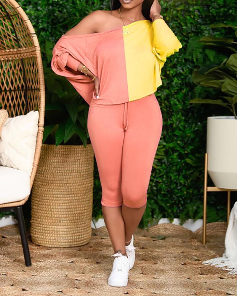 

Long Sleeve Colorblock Top & Drawstring Pants Set, Style1