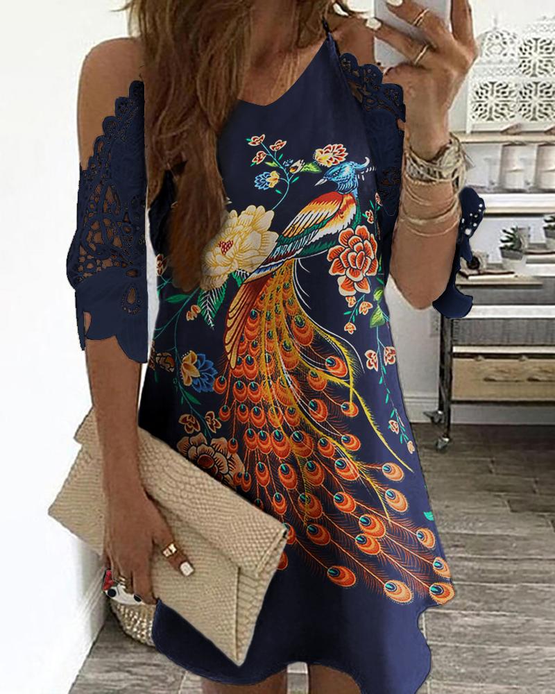 

Peacock Floral Print Cold Shoulder Crochet Lace Dress, Blue