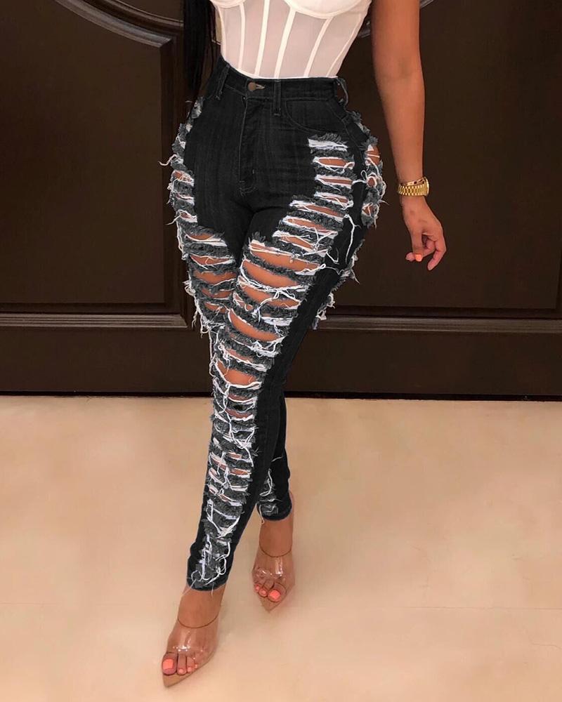 

Ladder Cutout Fringe Hem Skinny Jeans, Black