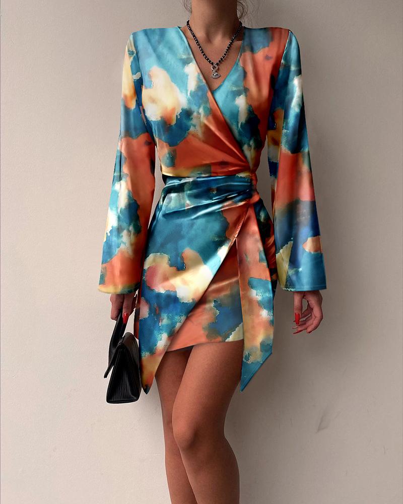 

Tie Dye Print Long Sleeve Wrap Dress, Multicolor