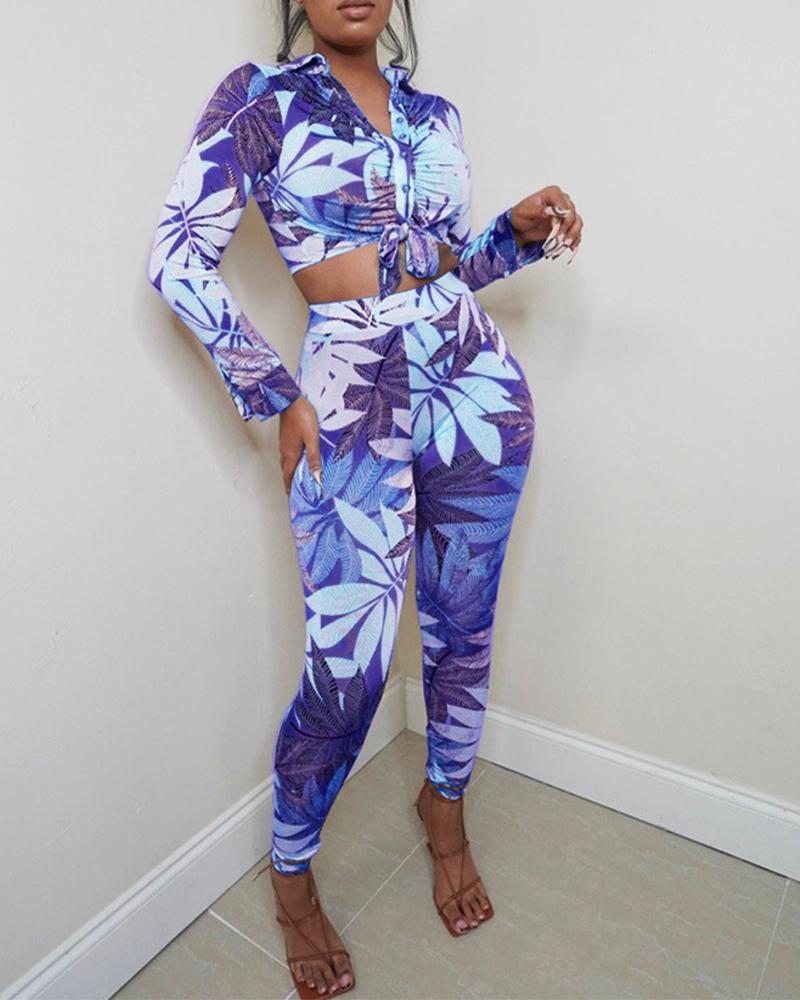 

Tropical Print Knot Front Button Up Crop Top & Skinny Pants Set, Blue