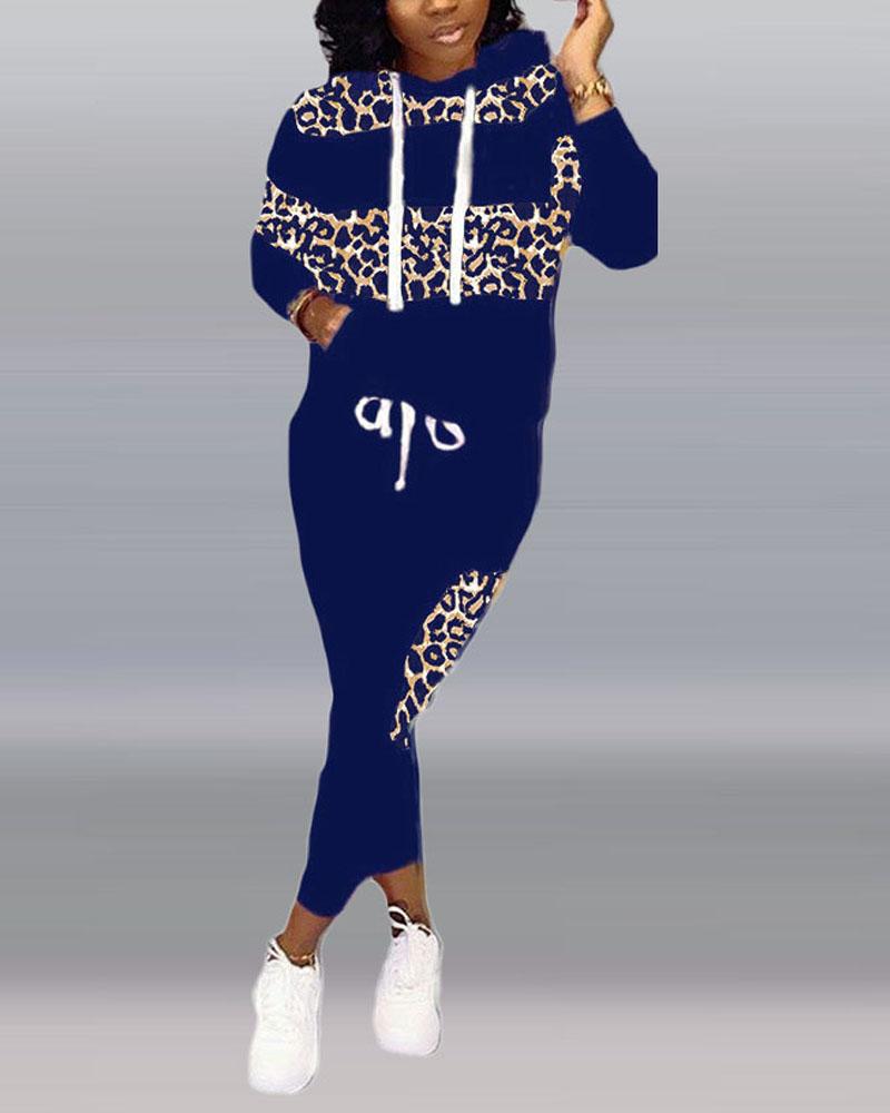 

Leopard Print Long Sleeve Hoodie & Pants Set, Blue