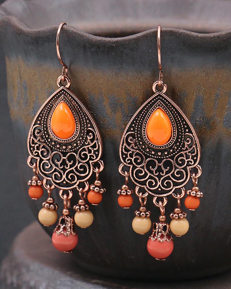 

1Pair Bohemian Hollow Out Gem Stone Tassel Drop Earrings, Orange