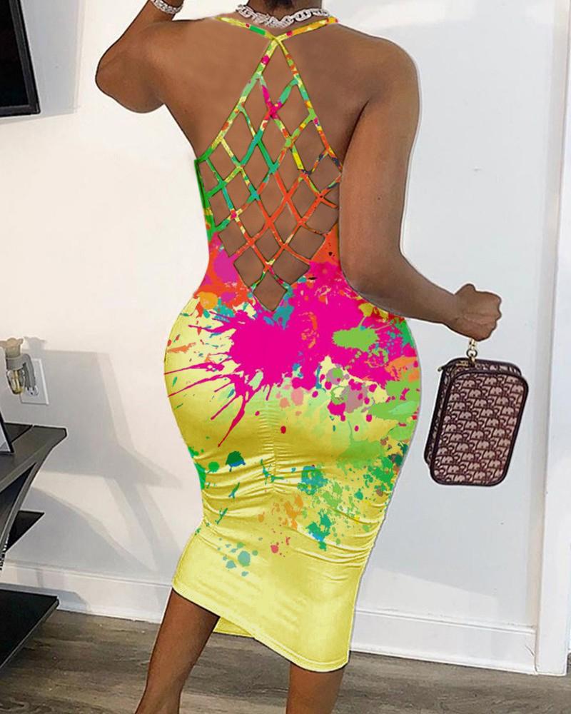 

Splash Print Halter Fishnet Slim Dress, Yellow