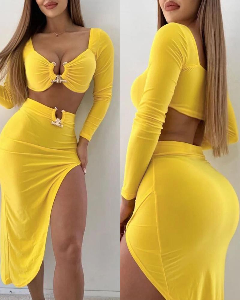 

Ruched Crop Top & High Slit Skirt Set, Yellow