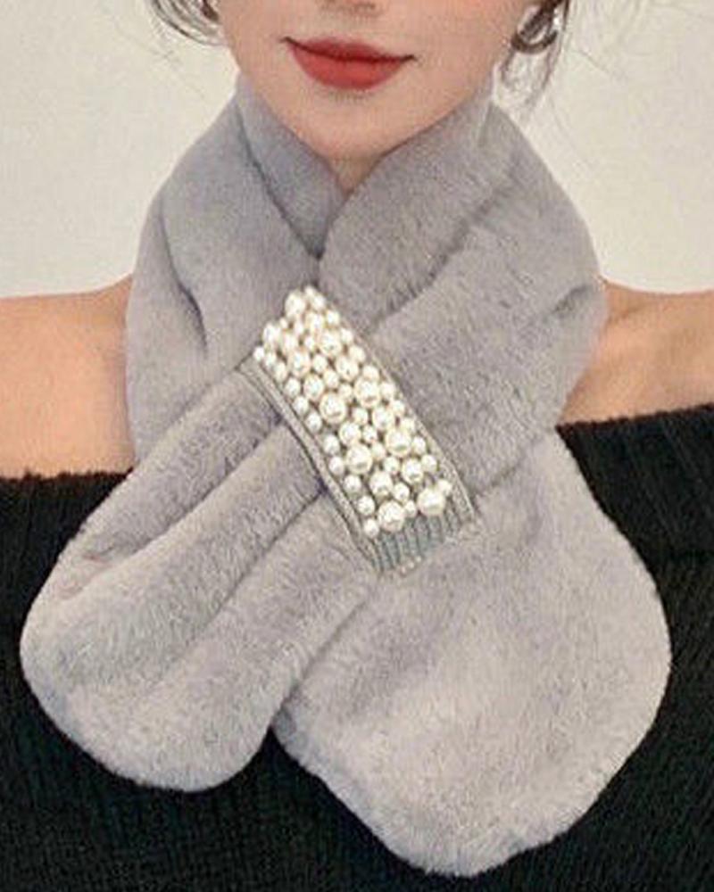 

1pc Pearls Decor Fuzzy Scarf, Gray