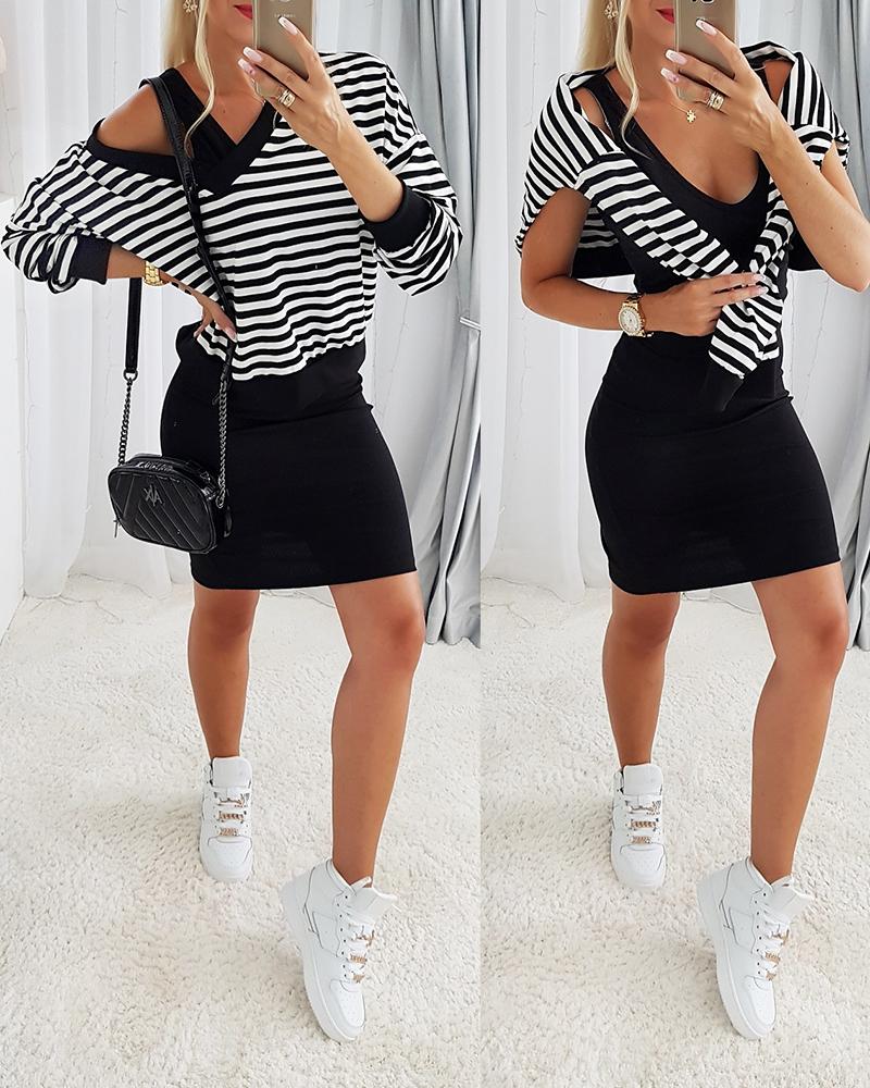 

Striped Long Sleeve Top & Sleeveless Dress Set, Black