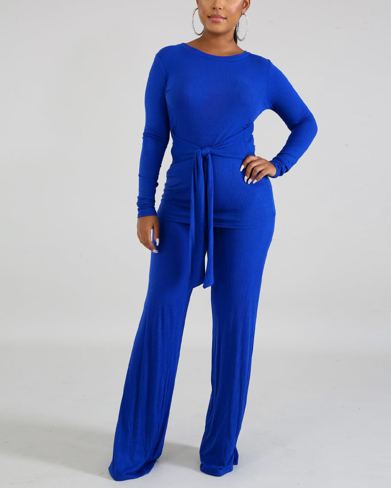 

Ribbed Long Sleeve Tie Front Top & Bootcut Pants Set, Blue