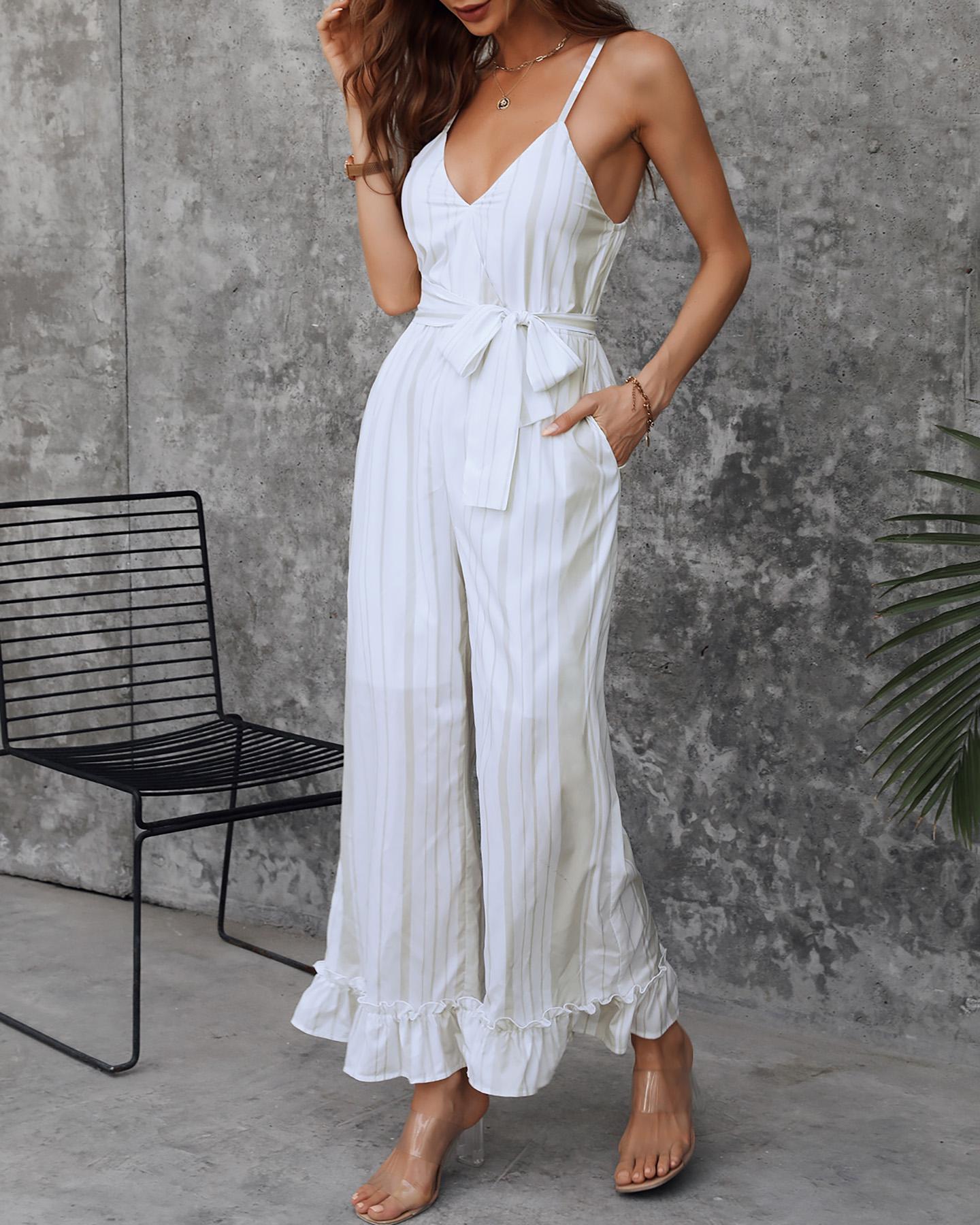 

Spaghetti Strap Ruffles Hem Plain Knotted Wide Leg Jumpsuit, White
