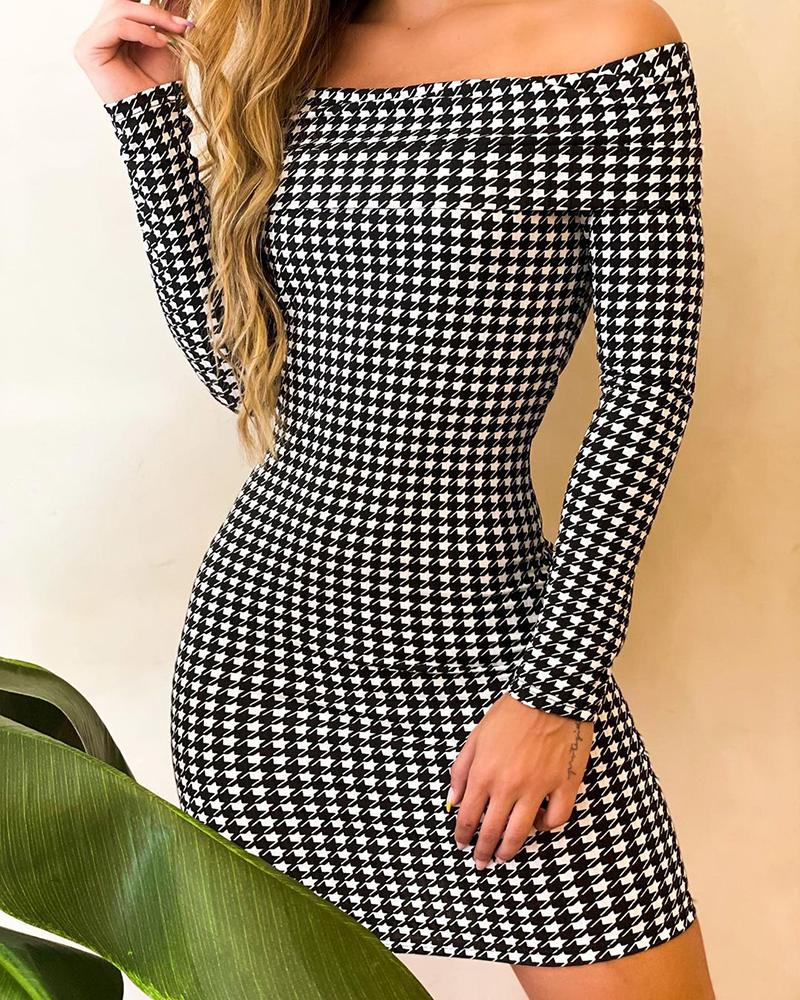 

Houndstooth Print Off Shoulder Bodycon Dress, Black