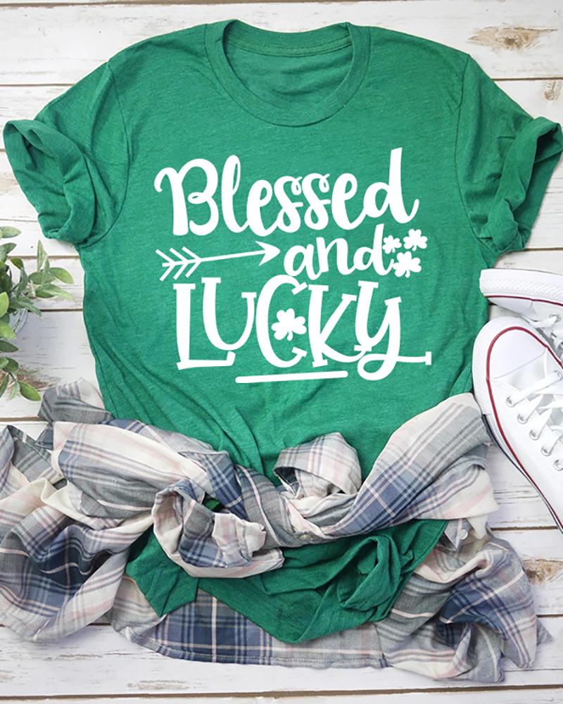 

St.Patrick's Day O-Neck Four Leaf Clover Letter Print Top, Green