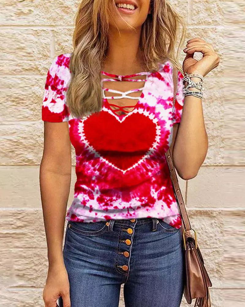 

Valentine' Day Tie Dye Heart Print Casual T-shirt, Red