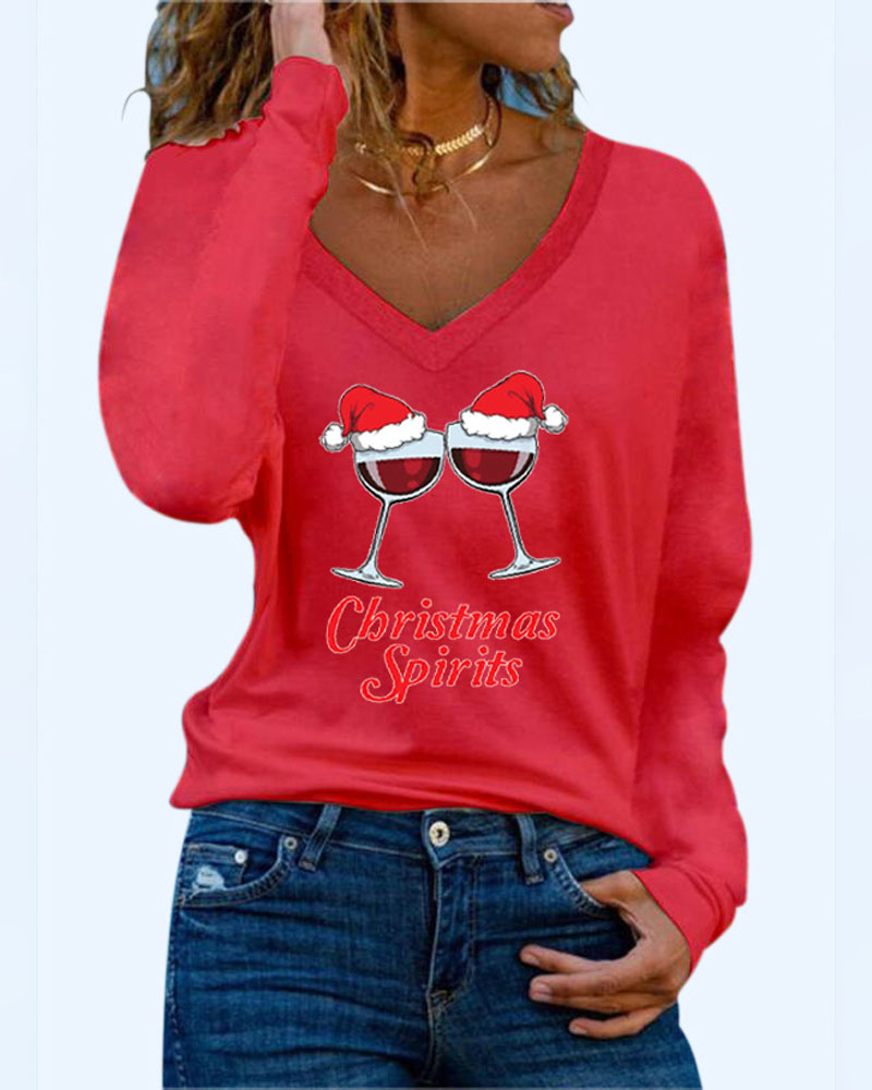 

Merry Christmas Wine Glass Print V-Neck Top, Red