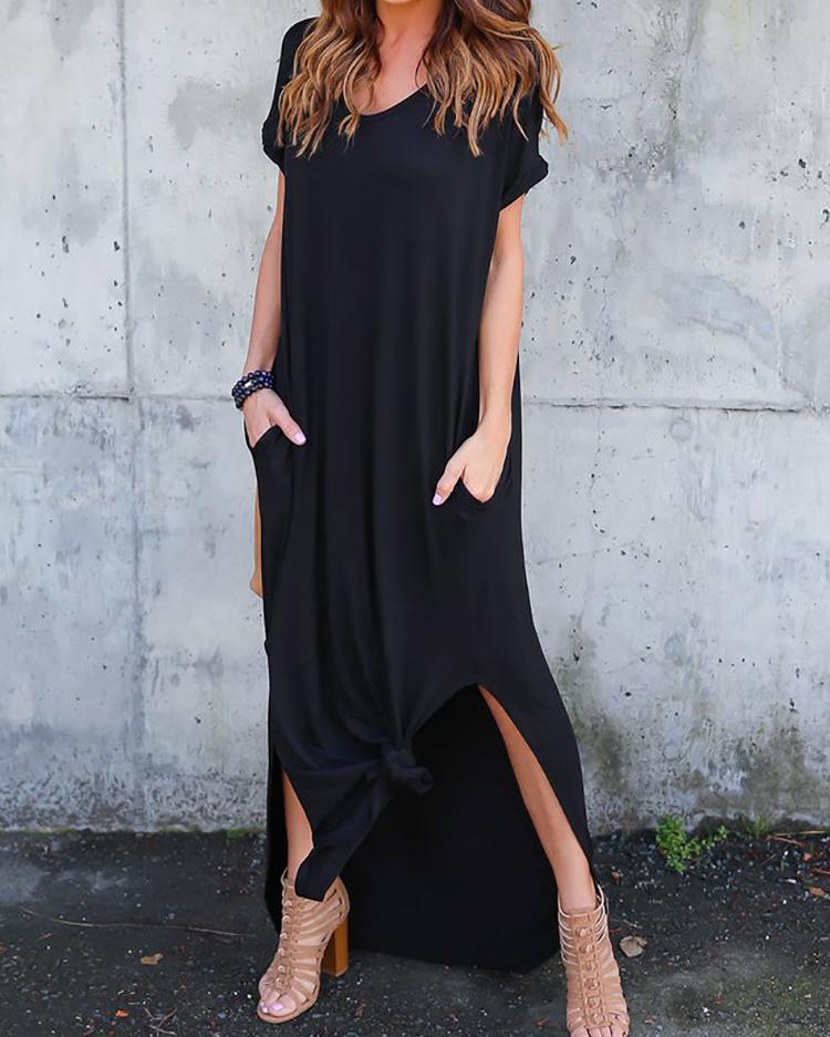 

Trendy Irregular Split Hem Pocket Maxi Dress, Black