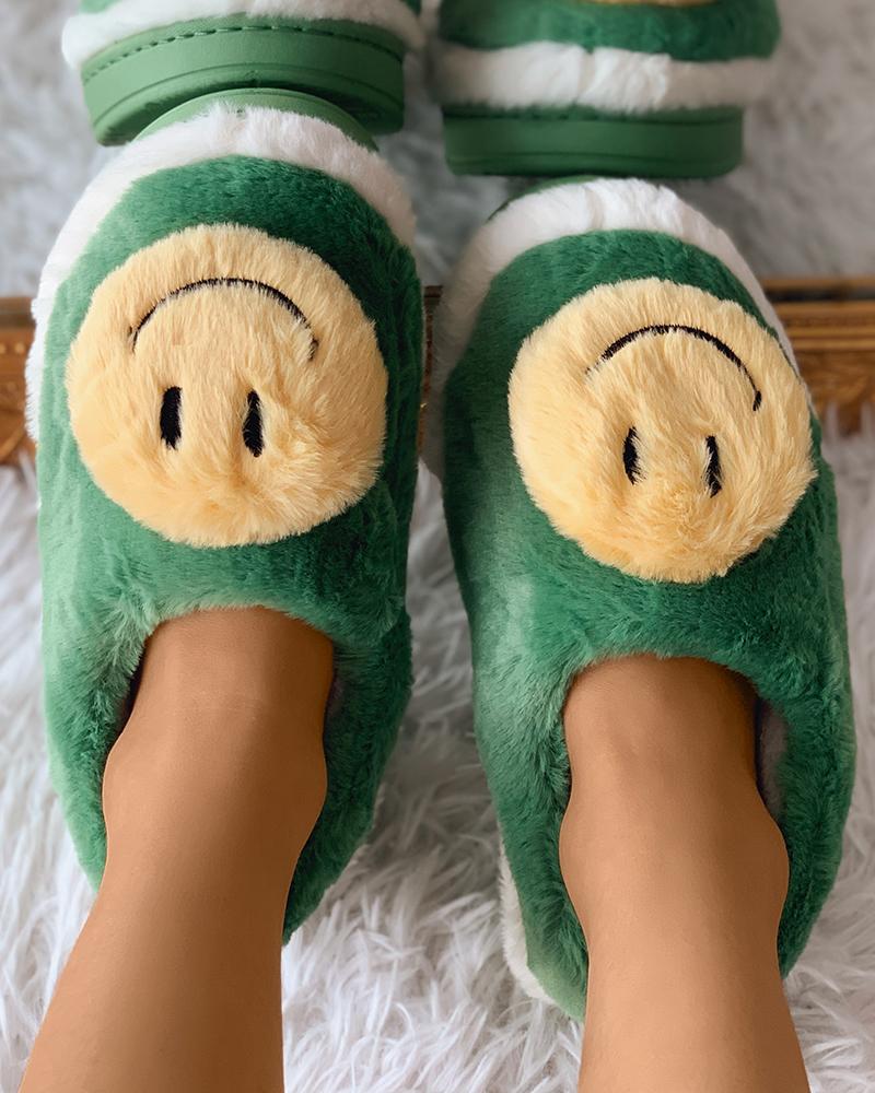 

Simle Face Colorblock Fluffy Casual Slipper, Green