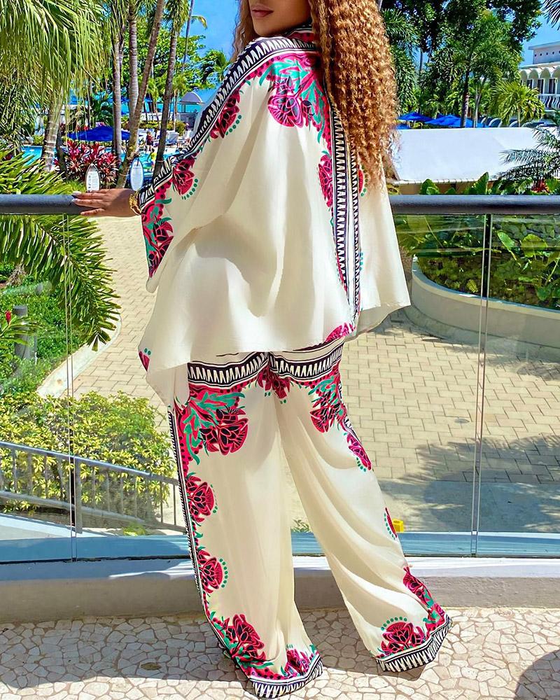 

Batwing Sleeve Floral Plant Print Shirt & Pants Set, Purple