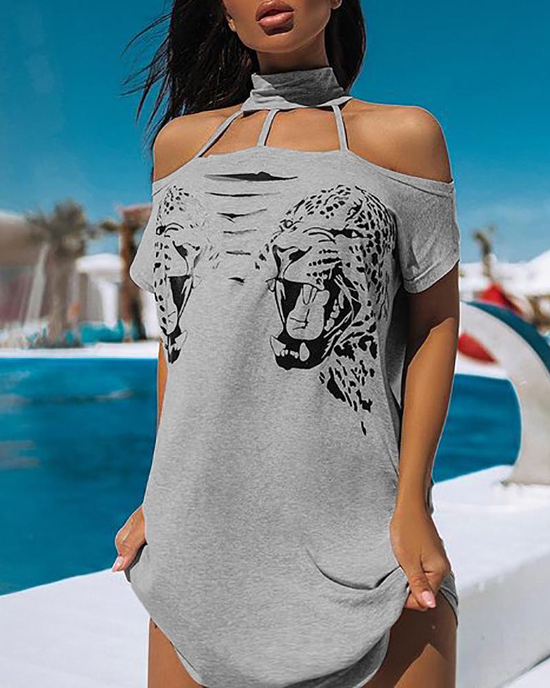 

Tiger Print Cold Shoulder Cutout T-shirt Dress, Gray