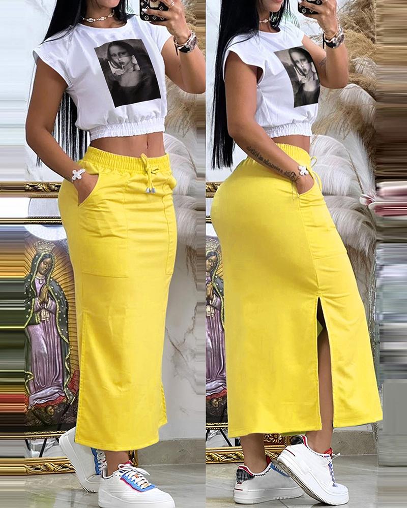 

Graphic Print Cap Sleeve T-shirt & Slit Drawstring Skirt Set, Yellow
