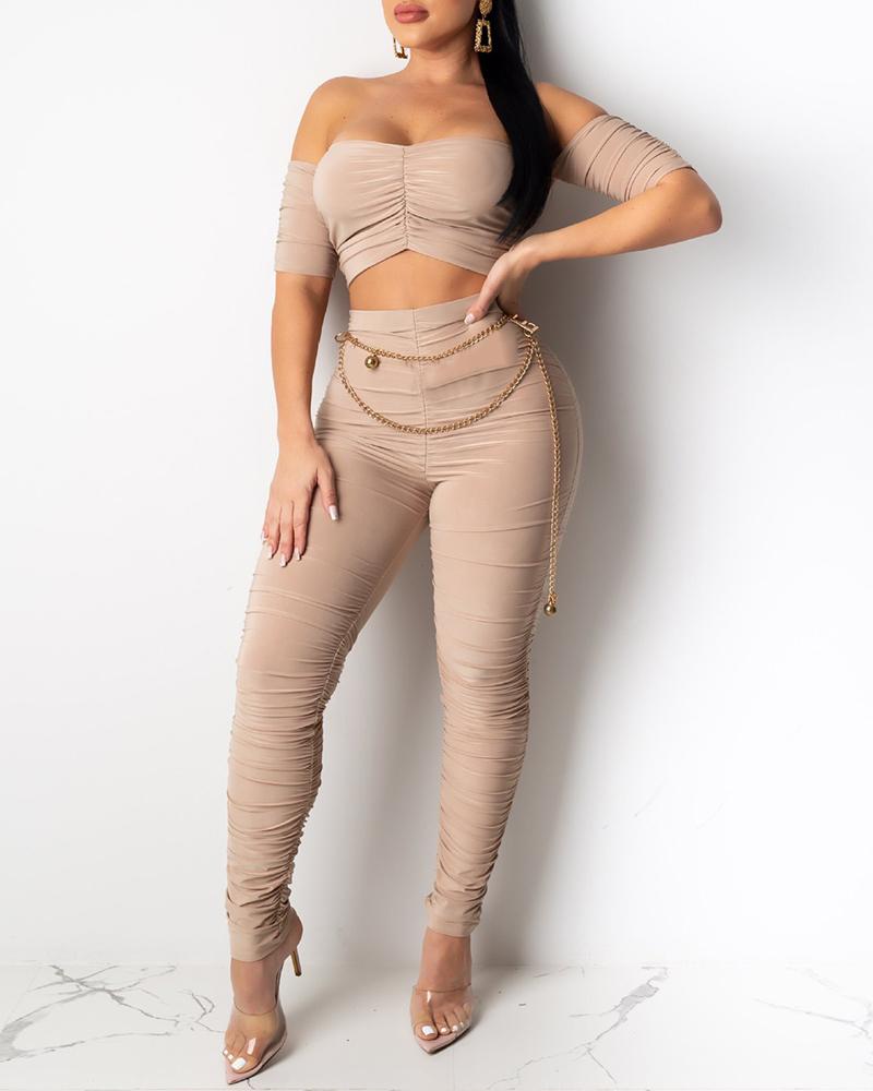 

Solid Ruched Tube Crop Top & Pant Sets, Apricot
