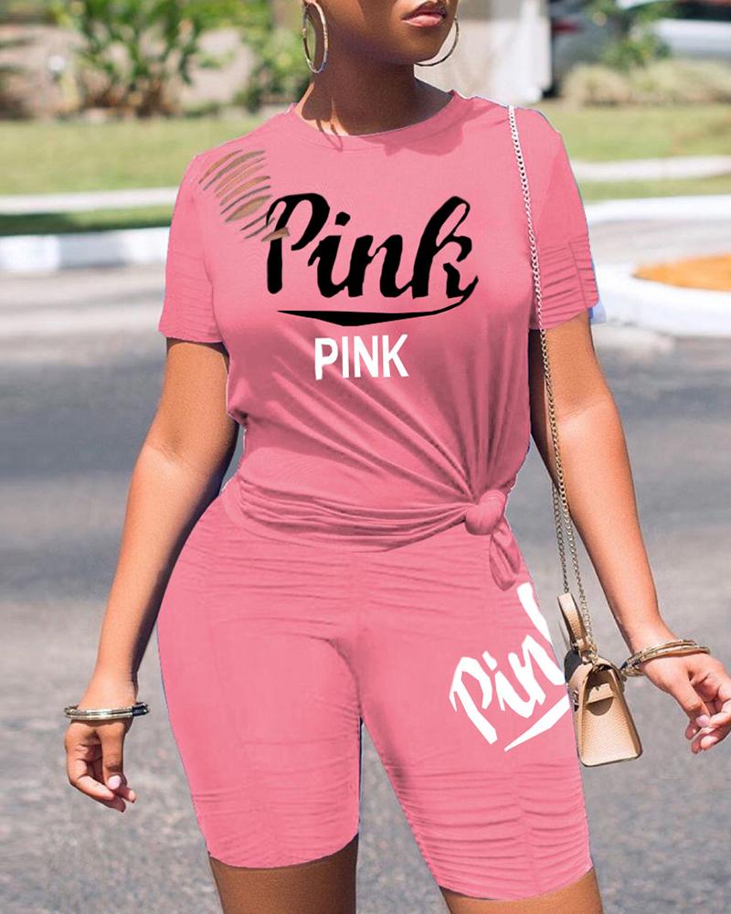 

Letter Print Short Sleeve Top & Shorts Set, Pink