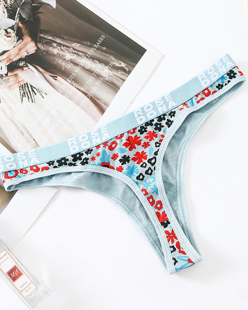 

Letter & Floral Print Low Waist Skinny Sexy Short Panties, Sky blue