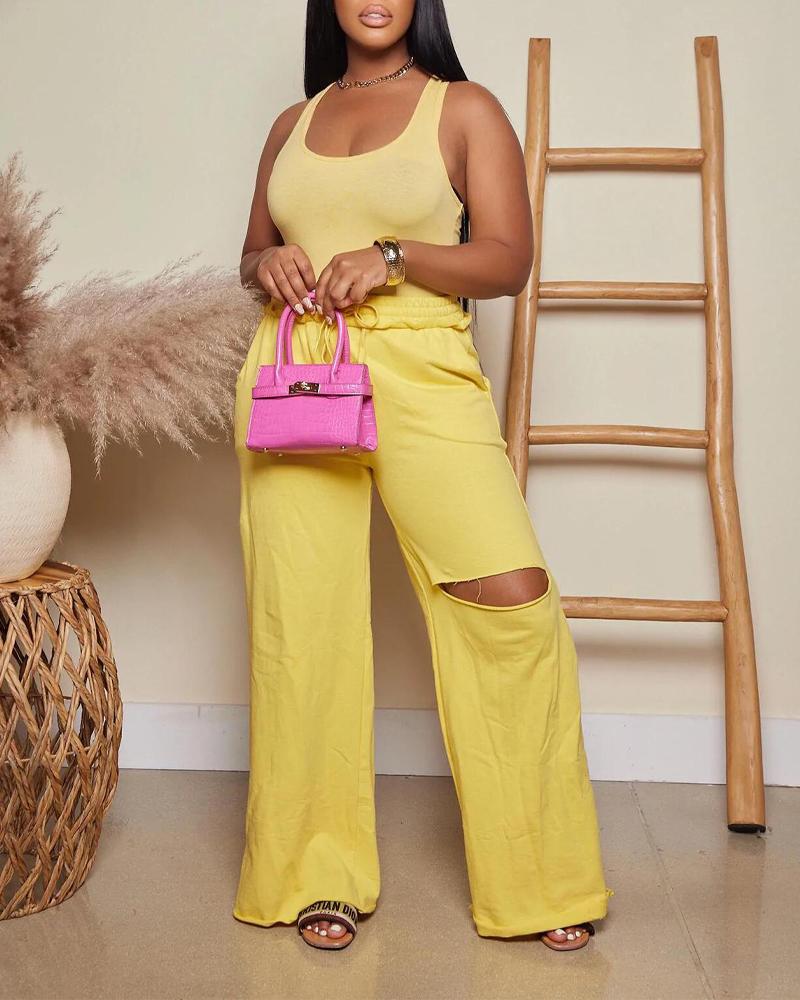 

Sleeveless Bodysuit & Cutout Drawstring Pants Set, Yellow