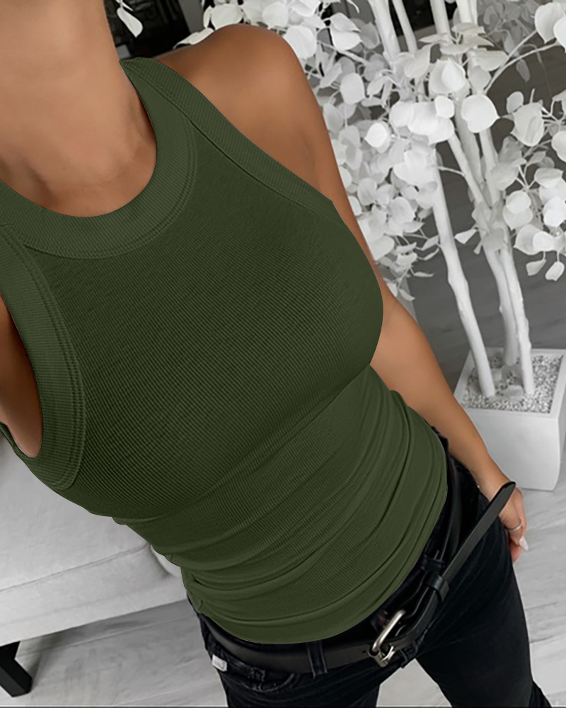 

Top casual sin mangas de punto con cuello en O, Army green