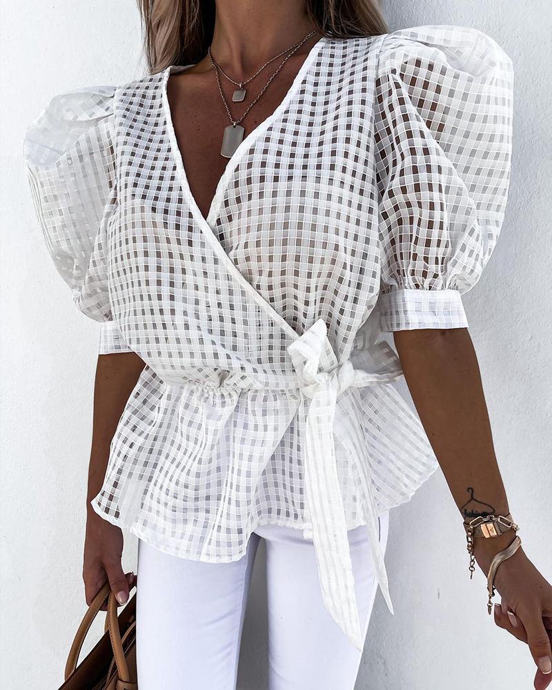 

Plaid Sheer Mesh Puff Sleeve Tied Detail Top, White