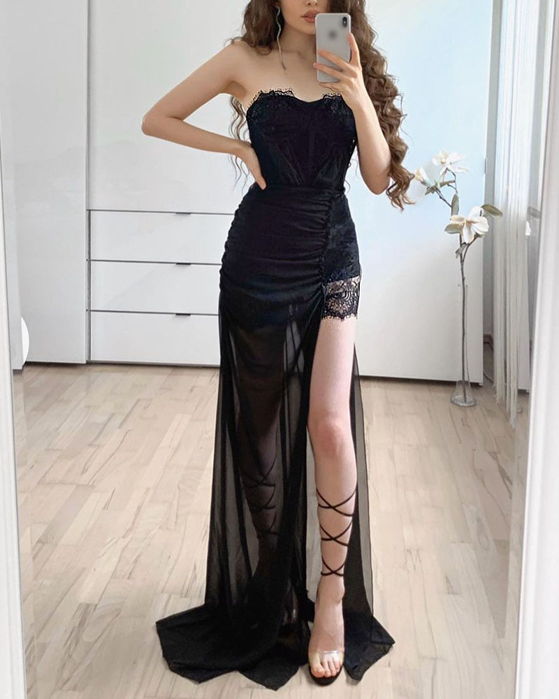 Bandeau Split Thigh Contrast Lace Sheer Mesh Maxi Dress