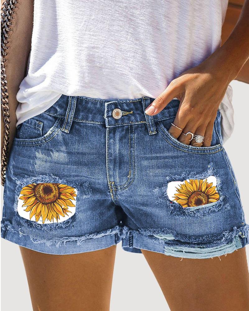 

Sunflower Print Ripped Raw Hem Patchwork Denim Shorts, Blue