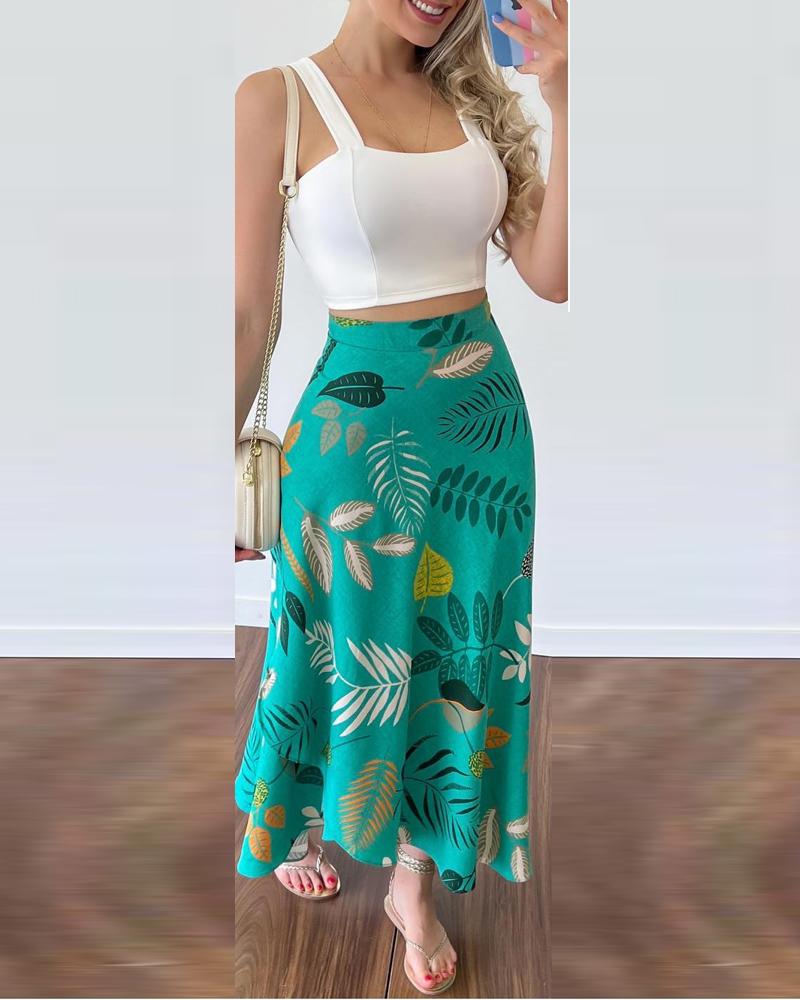 

Crop Top & Plants Print Skirt Set, Green