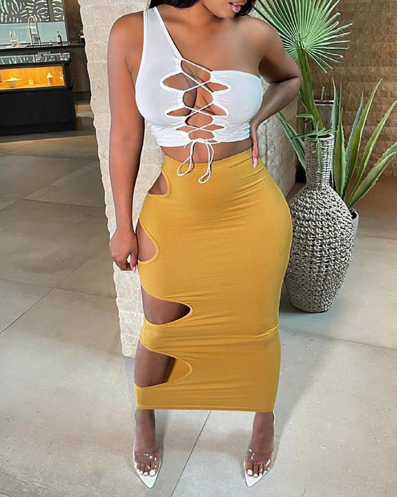 

One Shoulder Lace-up Top & Cutout Skirt Set, White