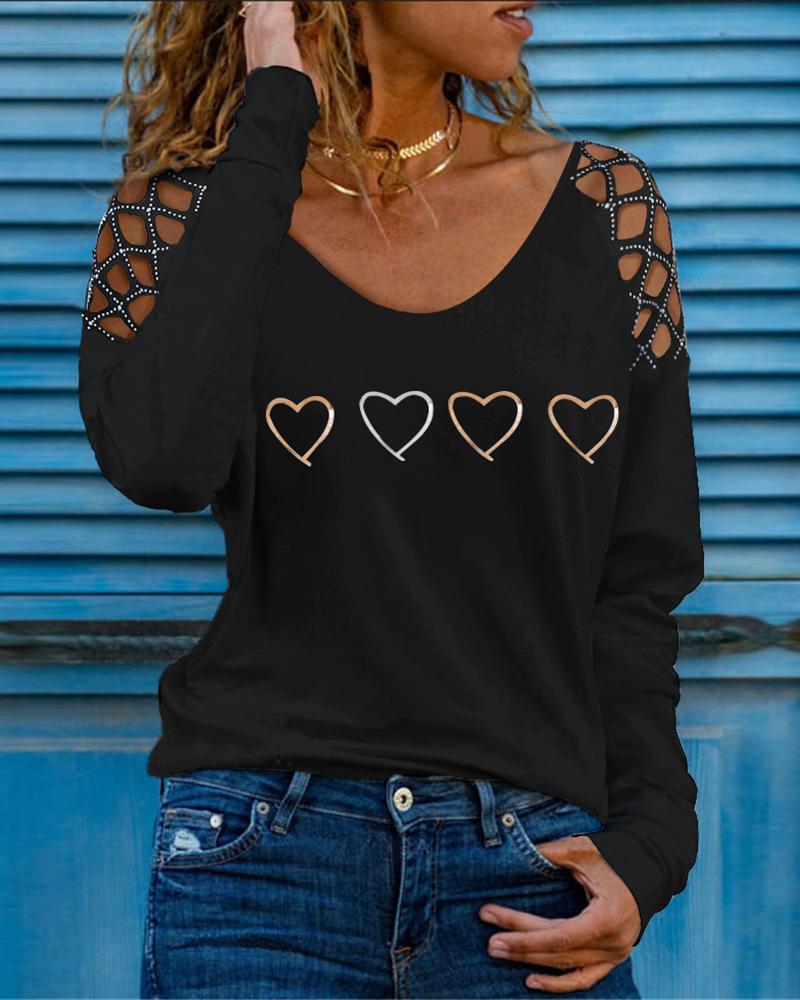 

Heart Print Rhinestone Hollow-out Long Sleeve Top, Black