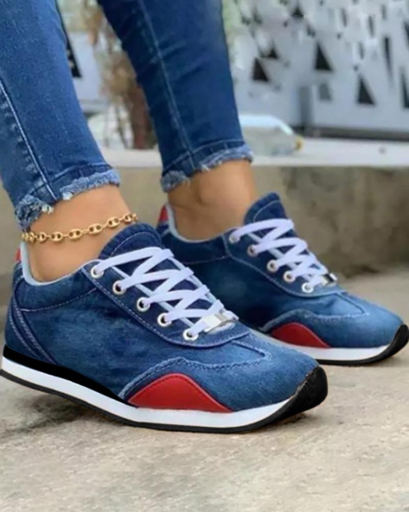 

Colorblock Lace-up Denim Print Sneakers, Dark blue