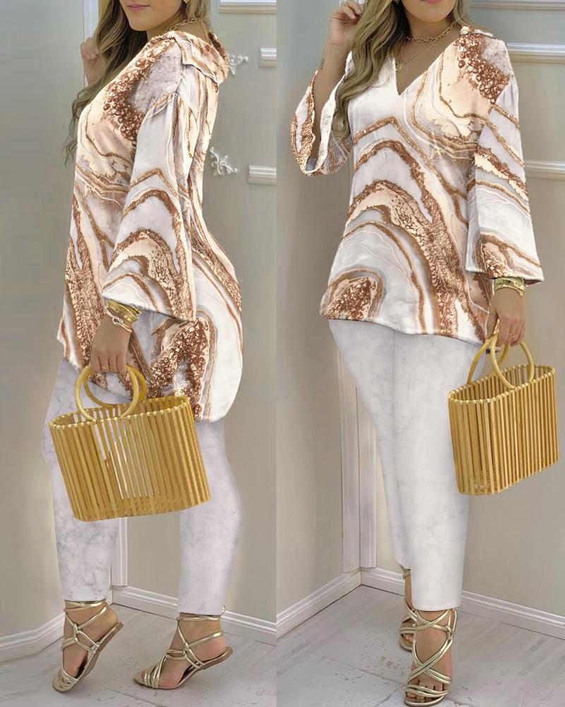 

Marble Print Bell Sleeve V-Neck Casual Top & Pants Set, Apricot