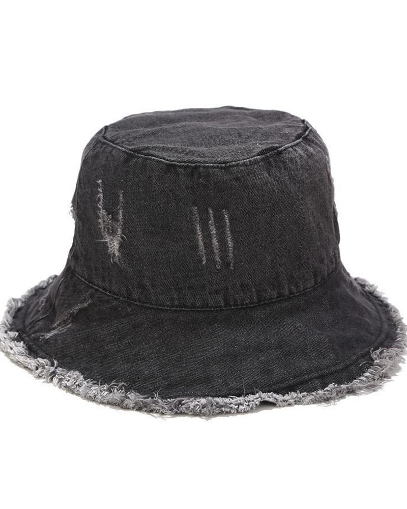 

Solid Color Washing Burrs Ripped Denim Fisherman's Hat, Dark grey