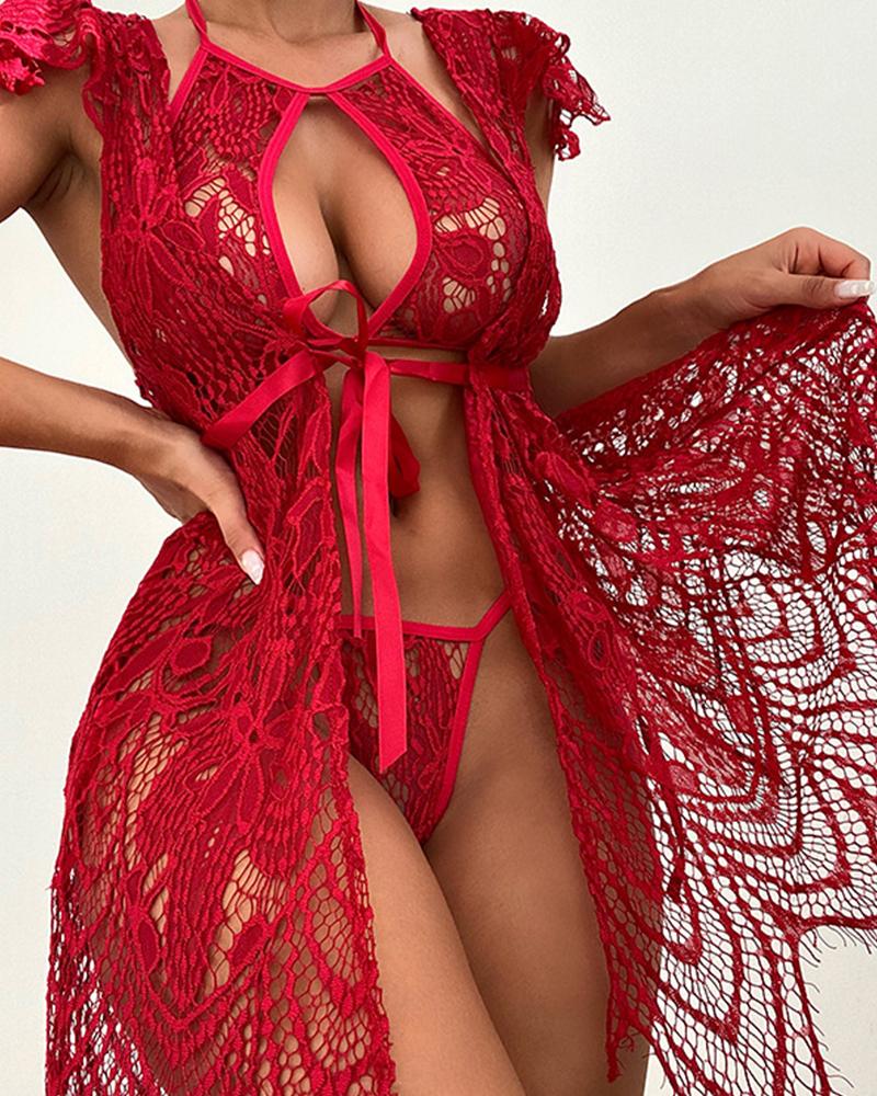 

Guipure Lace Cutout Lingerie Set Without Robe, Red