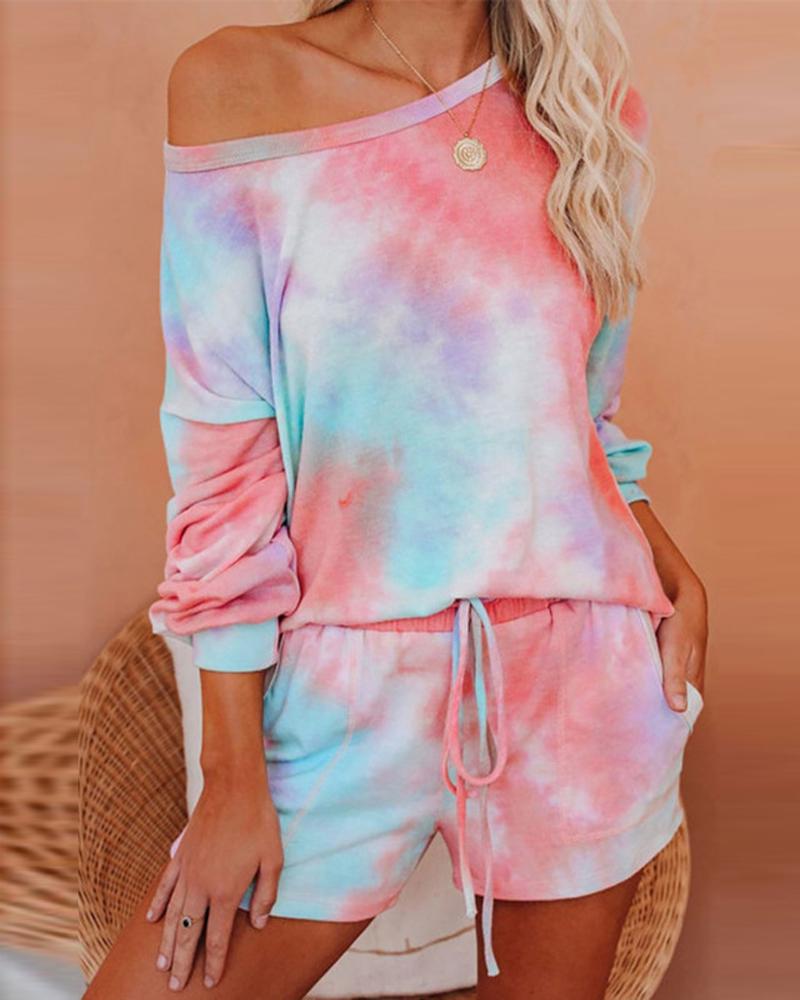 

Tie Dye Print Top & Drawstring Shorts Lounge Set, Pink