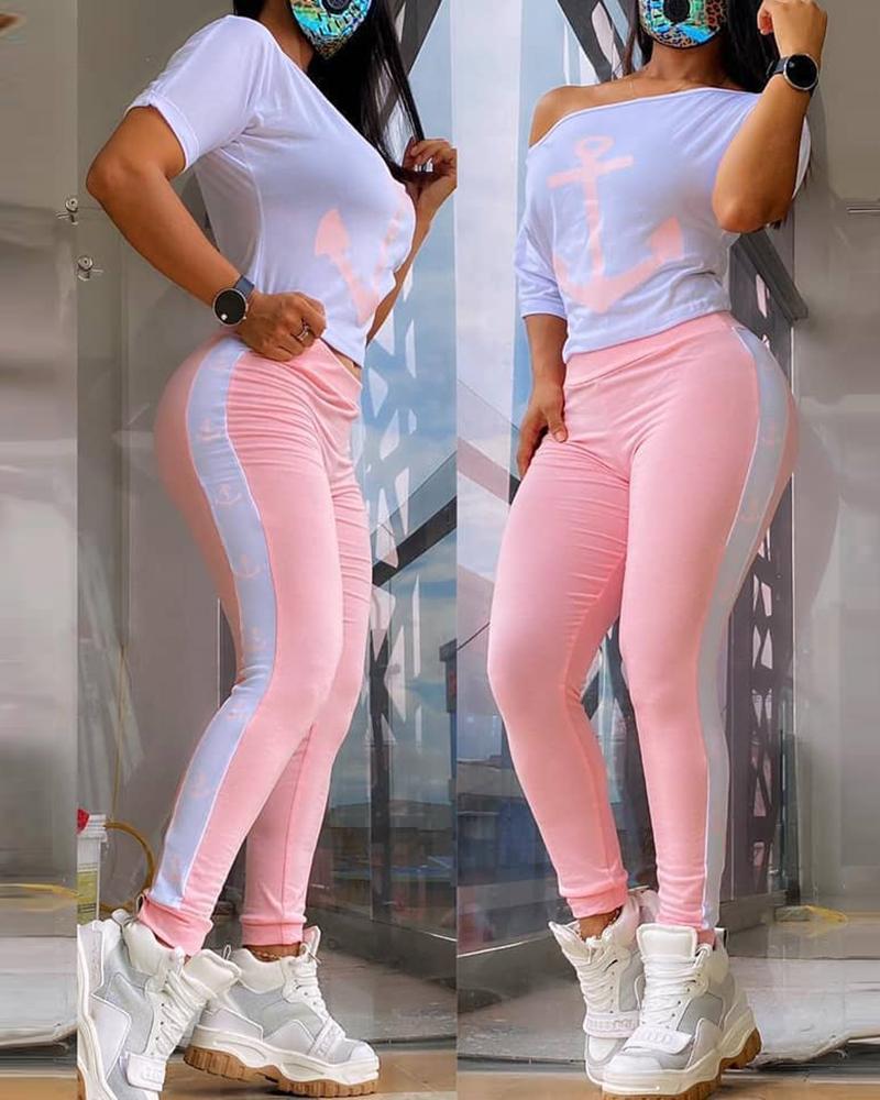 Anchor Print Short Sleeve Top & High Waist Pants Set